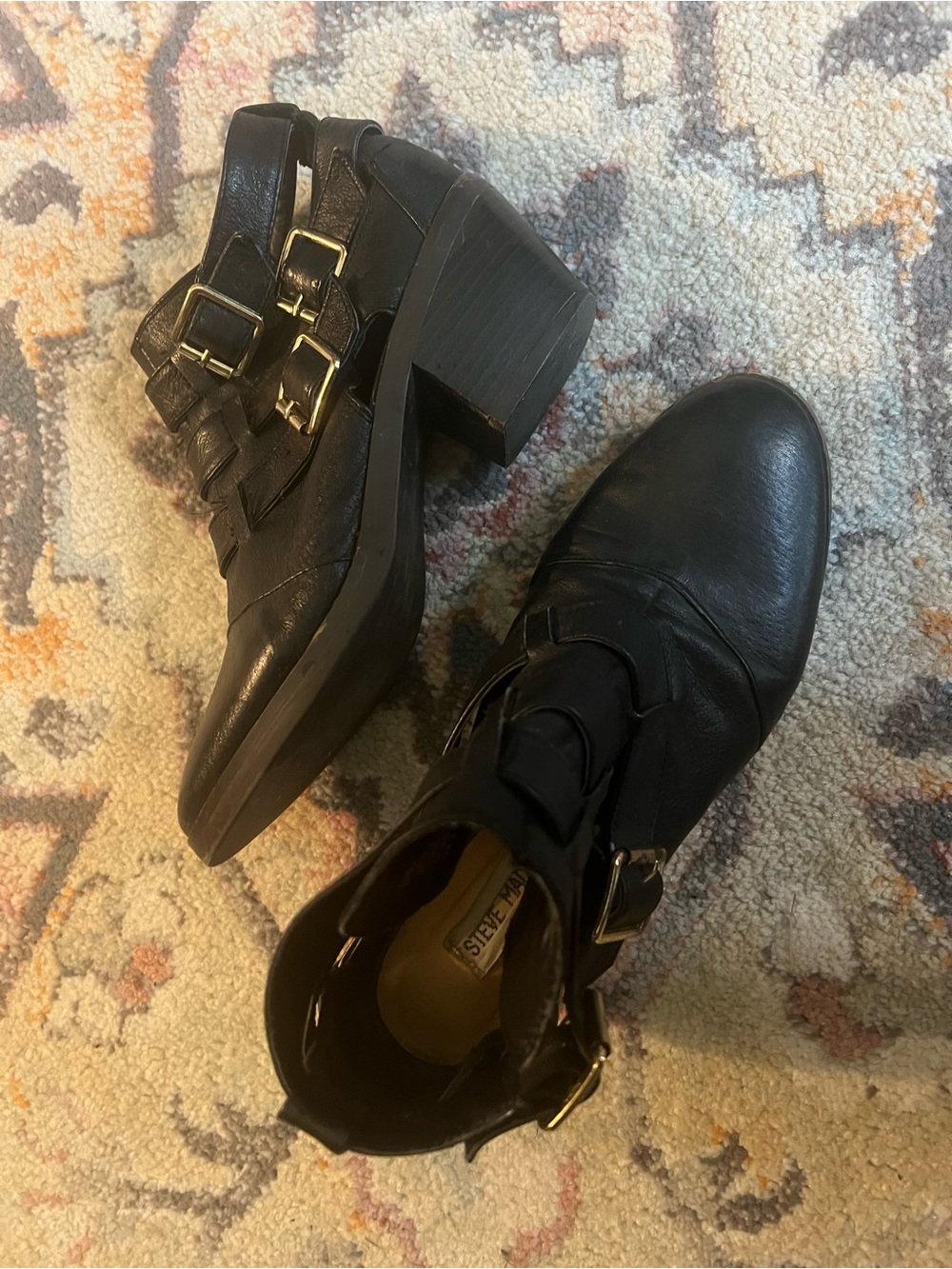 Steve Madden Black Leather Women's Ankle Boots with Gold Buckle 7